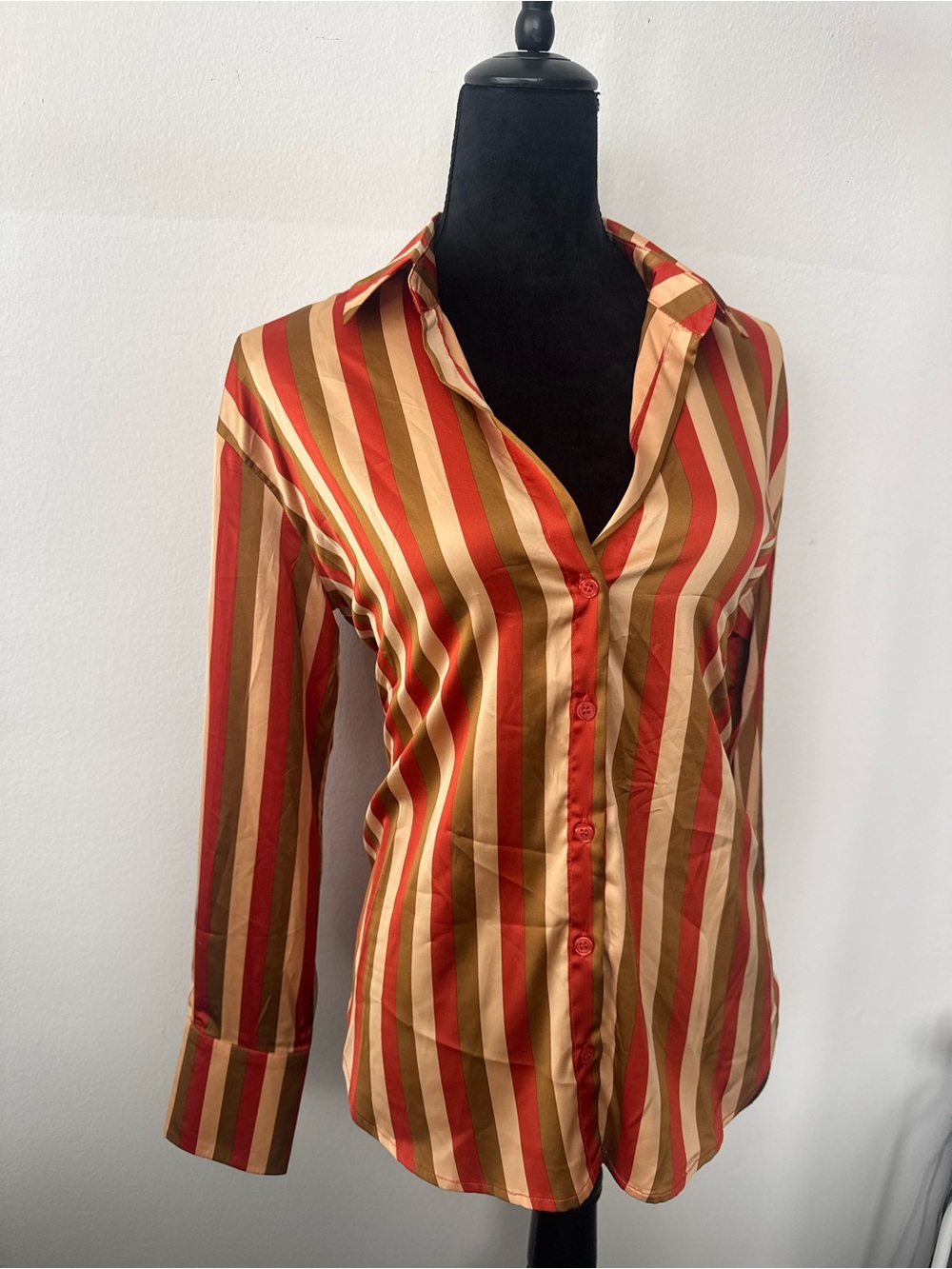 Fashion Nova Vertical Stripe Button-Down Shirt in Orange and Tan